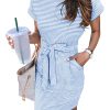 Women's Summer Striped Short Sleeve T Shirt Dress Casual Tie Waist with Pockets