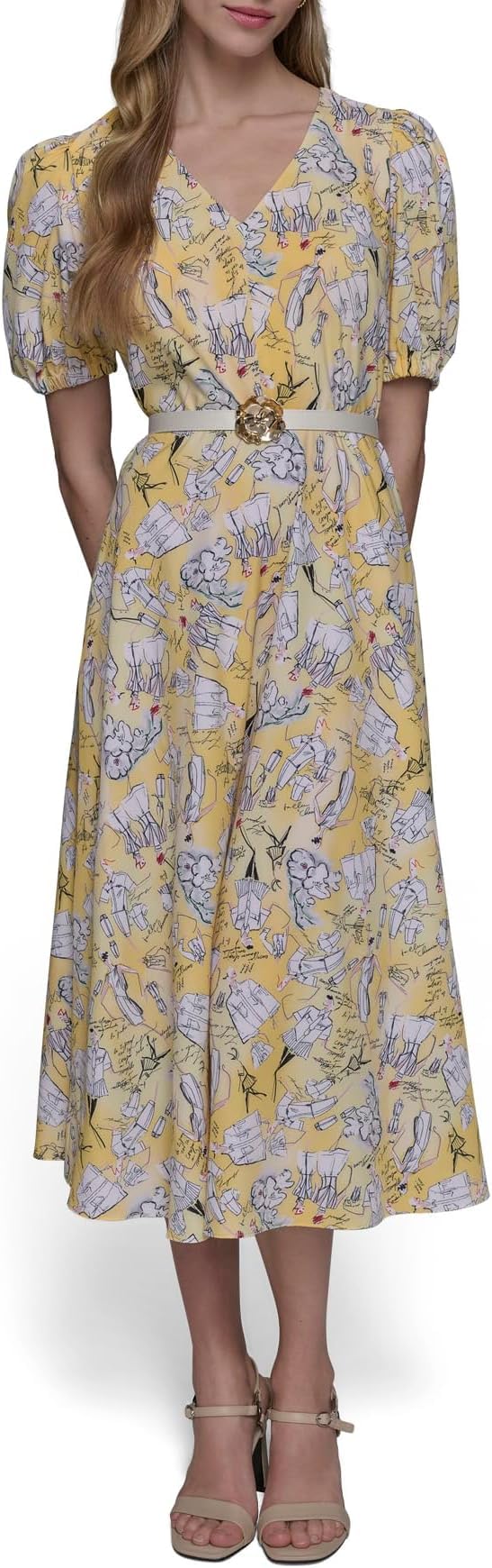 Women's V Neck Puff Sleeve Midi Dress