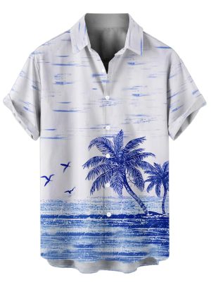 Couple Matching Hawaiian Outfits Coconut Tree Seagull Print Cami Dress or Men's Short Sleeve Button Up Shirt