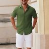 Men's Button Down Short Sleeve Shirt Casual Cotton Summer Beach Linen Wedding Shirts with Pocket