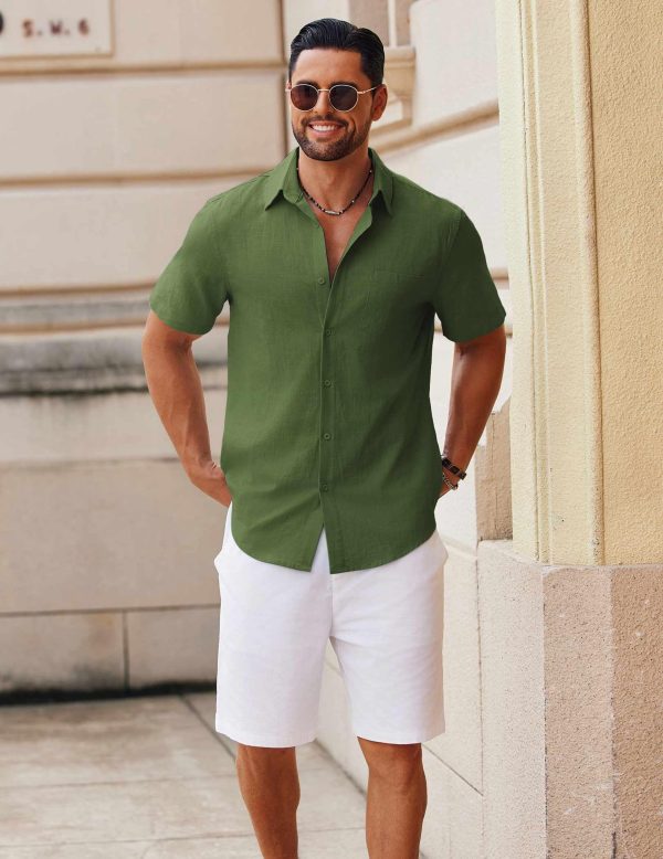 Men's Button Down Short Sleeve Shirt Casual Cotton Summer Beach Linen Wedding Shirts with Pocket