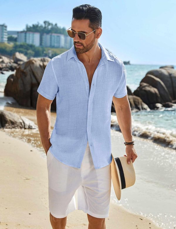 Mens Button Down Short Sleeve Shirt Casual Beach Shirt Summer Vacation Textured Shirts