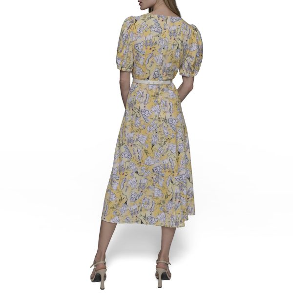 Women's V Neck Puff Sleeve Midi Dress