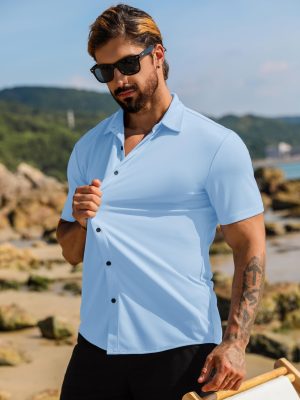 Men's Muscle Dress Shirts Short Sleeve Stretch Casual Button Down Shirts Wrinkle Free Slim Fit Dress Shirt for Men