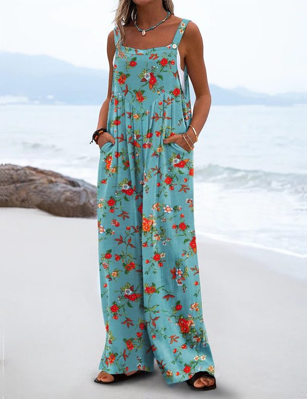 Women's Summer Casual Overalls Loose Wide Leg Jumpsuits Boho Floral Printed Baggy Rompers with Pockets PZH