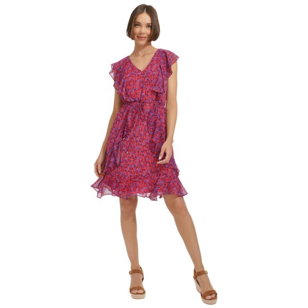Women's Ruffle Trim Tie Waist Chiffon Mini Dress