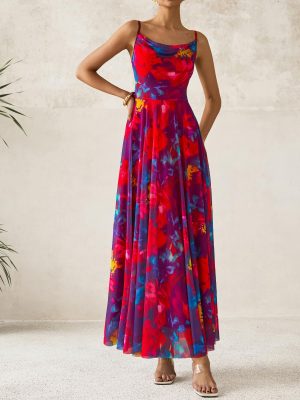 Women Summer Floral Maxi Dresses Elegant Spaghetti Strap Dress Printed Party Dress Beach Long Dresses