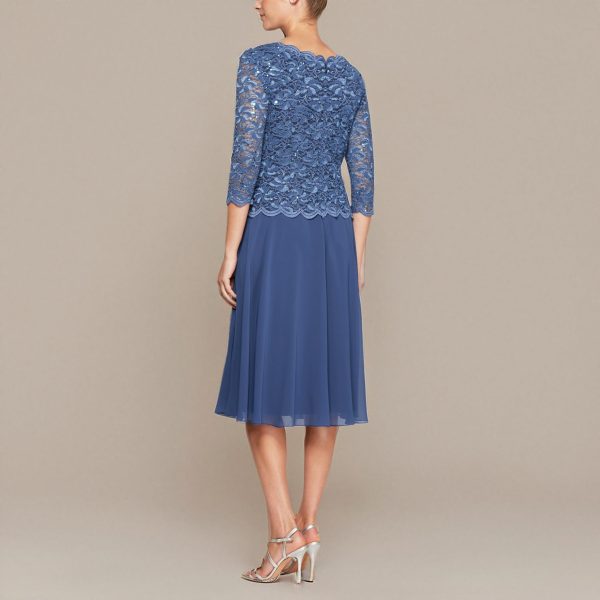 Women's Tea Length Embroidered Bodice Mother of The Bride Gown, Wedding Guest Dress (Petite and Regular Sizes)