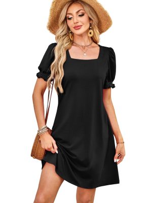 Summer Dresses for Women 2025 Casual Cute Square Neck Puff Short Sleeve Dress with Pockets