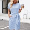Women's Summer Striped Short Sleeve T Shirt Dress Casual Tie Waist with Pockets