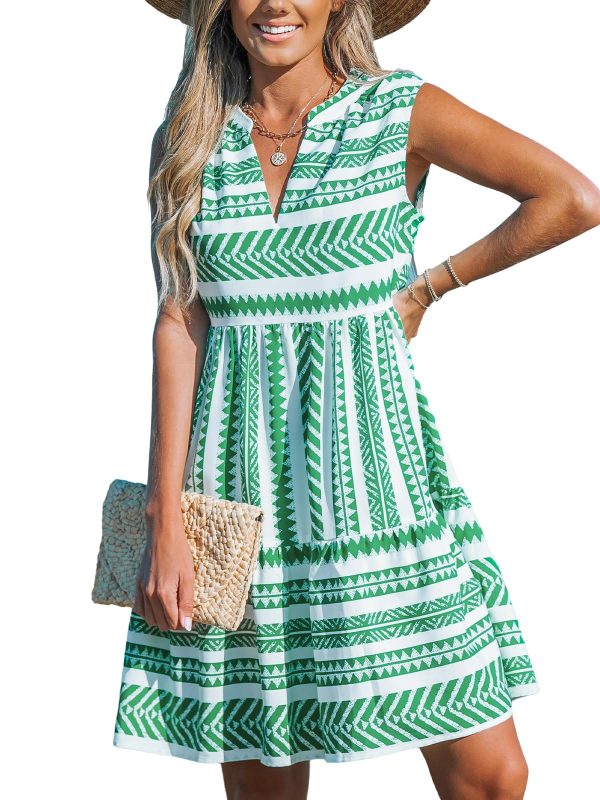 Women's Ruffle Beach Mini Dress Split V Neck A Line Sleeveless Geometric Stripe Tropical Leaf Pattern Summer Dresses