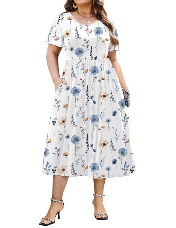 Women Plus Size Short Sleeve Dress Loose Summer Casual A-Line Flowy Midi Dresses with Pockets