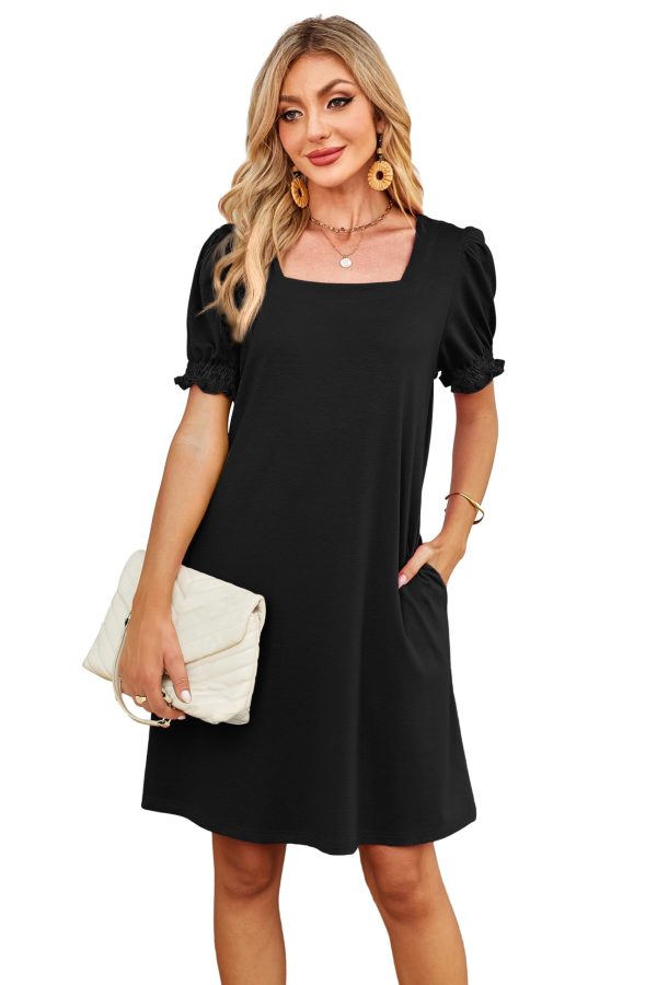 Summer Dresses for Women 2025 Casual Cute Square Neck Puff Short Sleeve Dress with Pockets