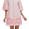 Women Mini Dress Summer 3/4 Puff Sleeves Embroidery Floral Tunic Mini Dress V Neck Loose Zip Party Dresses