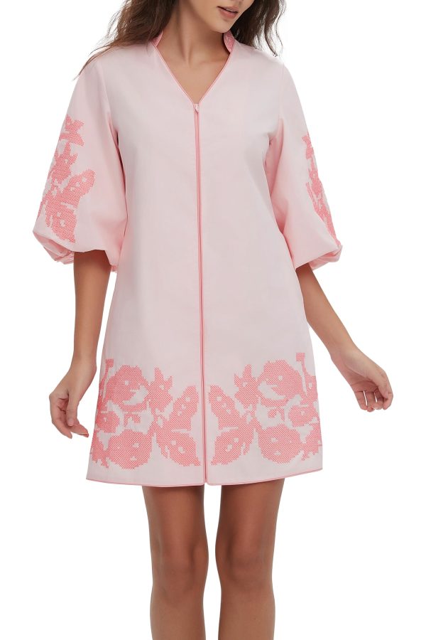 Women Mini Dress Summer 3/4 Puff Sleeves Embroidery Floral Tunic Mini Dress V Neck Loose Zip Party Dresses