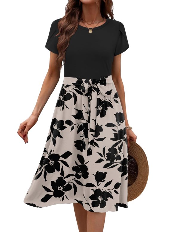 Womens Midi Dress Summer Short Sleeve Dress with Pockets 2025 Casual Floral T-Shirt Dress Flowy Beach Sundress