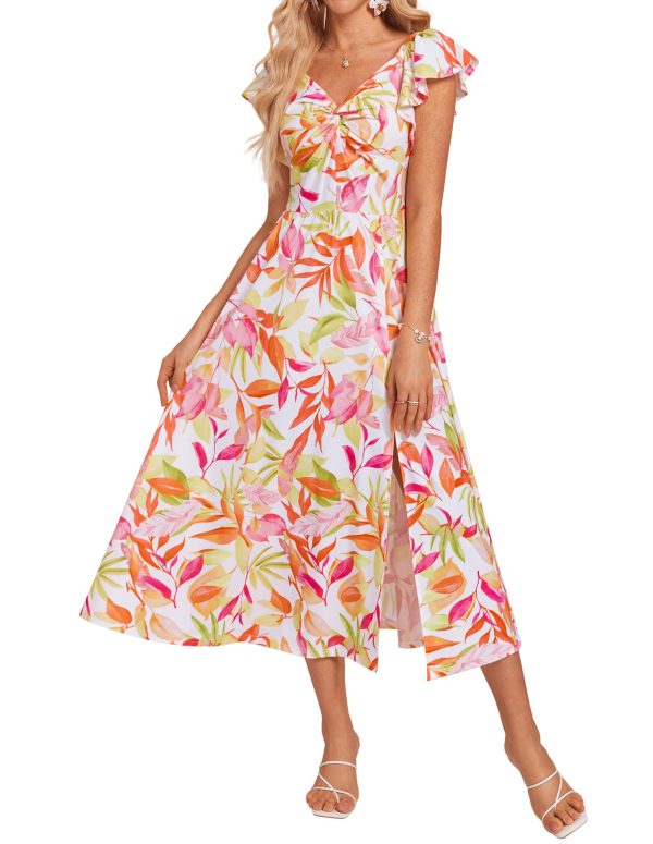 Women Summer Floral Dress Flutter Short Sleeve Casual Split Flowy Vacation Beach Midi Long Dresses