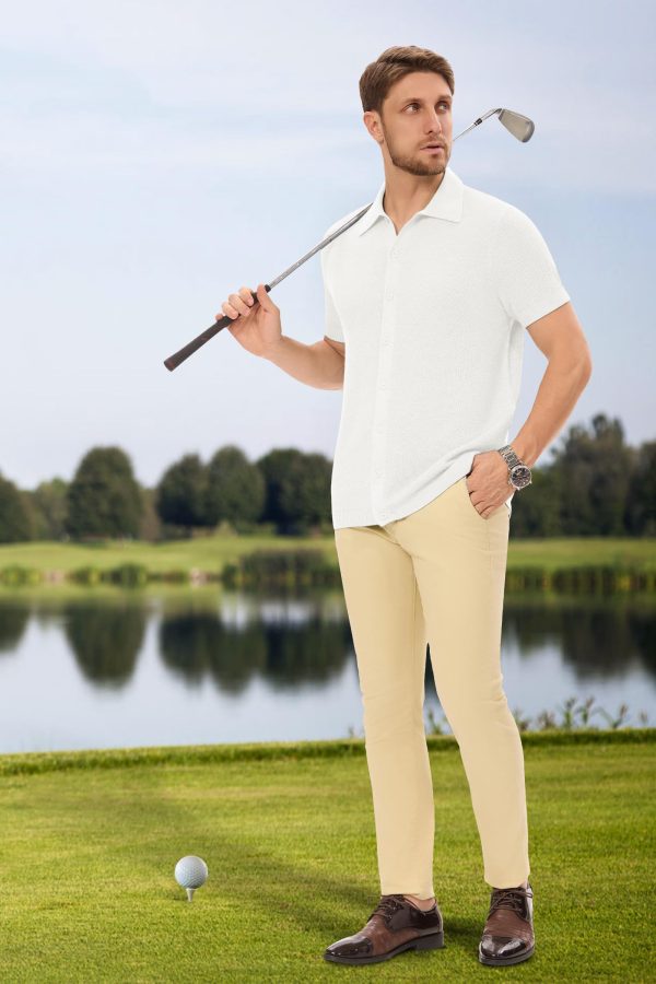 Mens Wool Blended Button Down Shirt Short Sleeve Knit 2025 Summer Fashion Dress Shirts Casual Business Golf