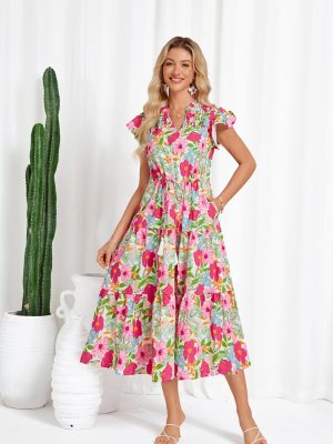 Womens Summer Floral Midi Dresses Short Sleeve Beach Wedding Guest Dress Drawstring Long Flowy Dress with Pockets