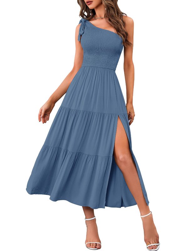 Women's Summer One Shoulder Sleeveless Knot Smocked Midi Dress Split Tiered Flowy Dresses
