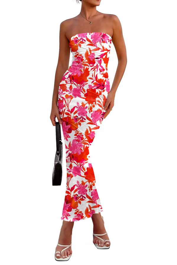 Women's 2025 Summer Floral Bodycon Maxi Dresses Ribbed Strapless Tube Casual Boho Party Long Dress