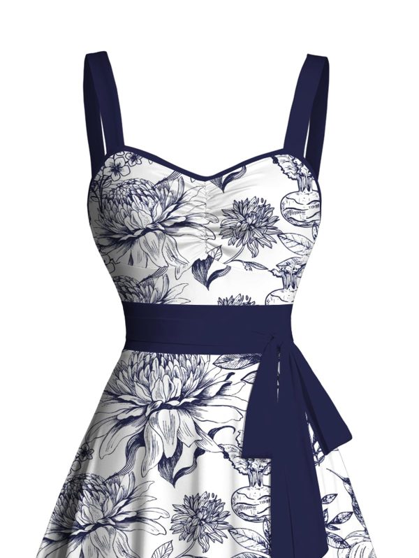 Matchable Couples' Hawaiian Outfit Porcelain Style Floral Print Men's Shirt Or Women's Belted Mini Dress