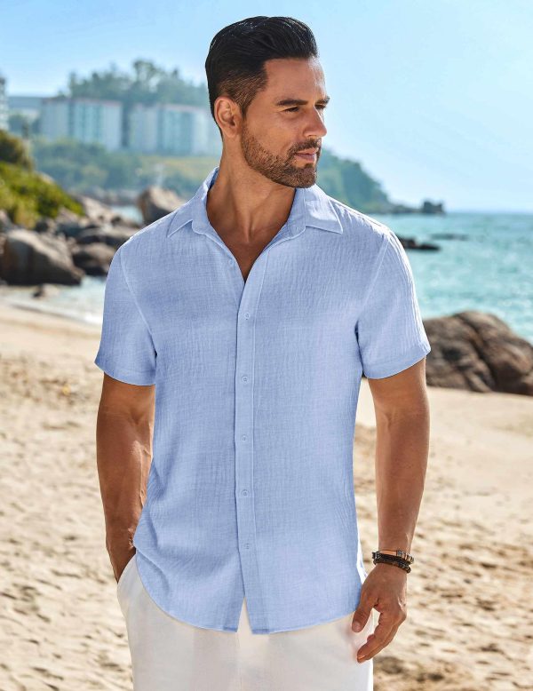 Mens Button Down Short Sleeve Shirt Casual Beach Shirt Summer Vacation Textured Shirts
