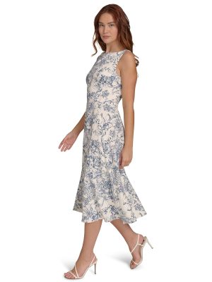 Women's Sleeveless Boat Neck Fit & Flare Midi Dress