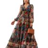 Summer Casual Dresses for Women 2024 Spring Fashion Boho V Neck Long Sleeve Ruffle Floral Print Elegant Maxi Dress