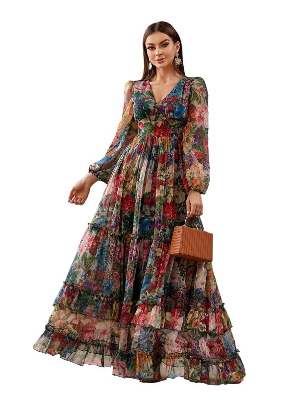 Summer Casual Dresses for Women 2024 Spring Fashion Boho V Neck Long Sleeve Ruffle Floral Print Elegant Maxi Dress