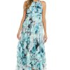 Long Printed Chiffon Halter Dress W/Hankie Hemline