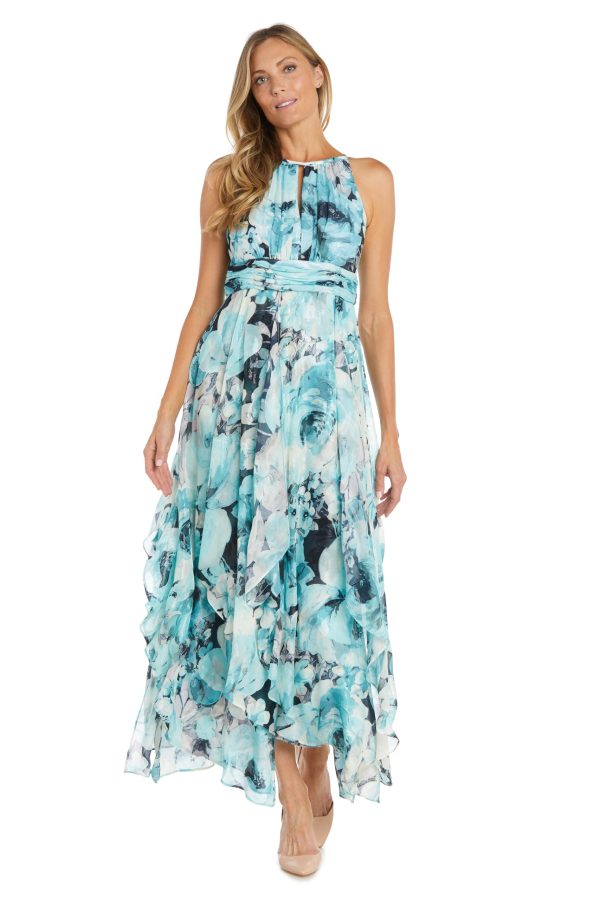 Long Printed Chiffon Halter Dress W/Hankie Hemline