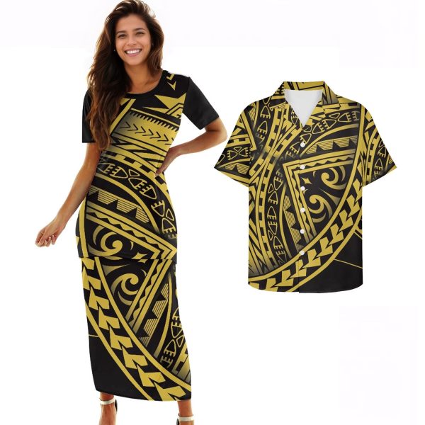 Samoa Couple Outfit Polynesian Dress for Women Traditional Puletasi Shirts for Men Beach Lava Lava Luau