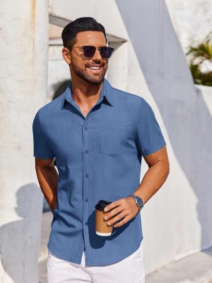 Men's Short Sleeve Button Down Shirt Casual Untucked Dress Shirt Stretch Denim Shirt