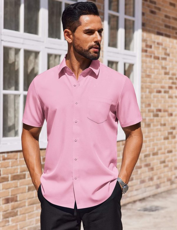 Mens Short Sleeve Button Down Shirts Lightweight Stain Shield Business Casual Dress Shirt Wrinkle Free