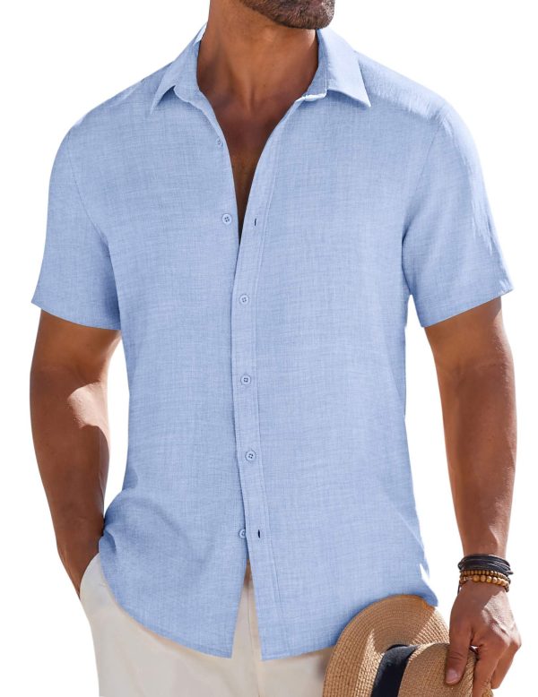 Mens Button Down Short Sleeve Shirt Casual Beach Shirt Summer Vacation Textured Shirts