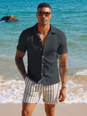 Men's Casual Button Down Shirts - Short Sleeve Summer Textured Beach Wrinkle-Free Shirts