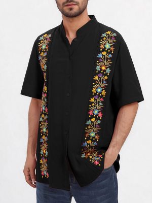 Men's Traditional Mexican Guayabera Shirt Short Sleeve Button Down Embroidered Shirt for Cinco De Mayo Shirts