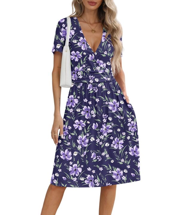 Women's Summer Casual Dress Short Sleeve Wrap V Neck Midi Dresses with Pockets