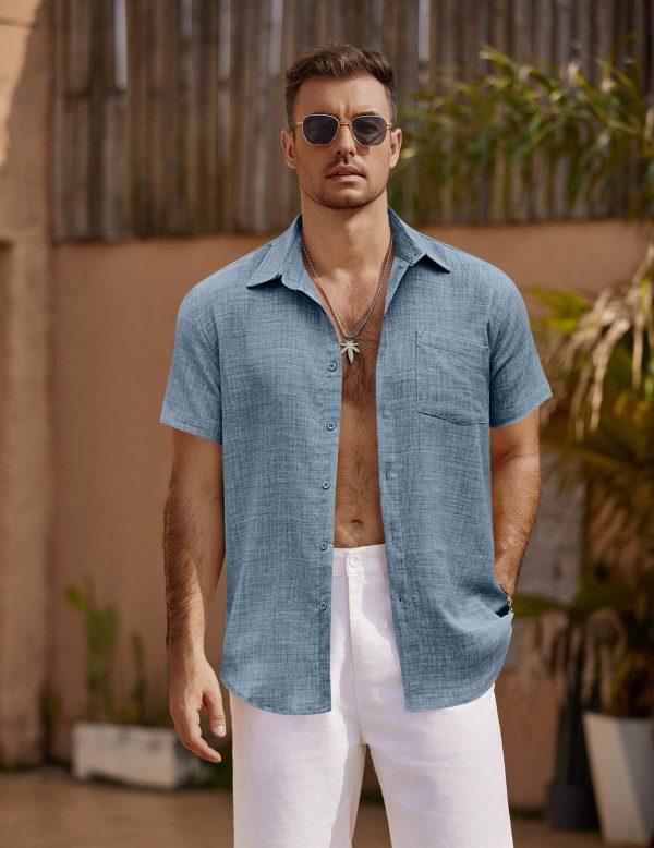 Men's Short Sleeve Button Down Shirt Casual Summer Beach Untucked Vacation Textured Shirts with Pocket