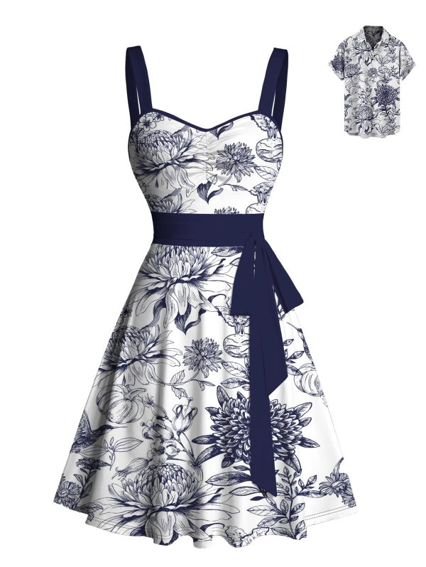 Matchable Couples' Hawaiian Outfit Porcelain Style Floral Print Men's Shirt Or Women's Belted Mini Dress