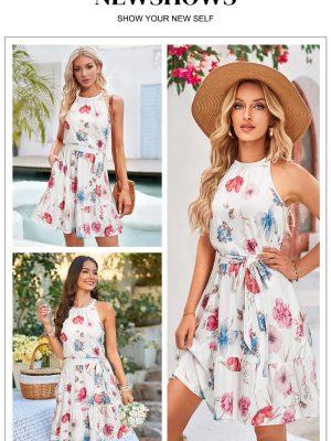 Womens 2025 Summer Dress Halter Wedding Guest Casual Beach Vacation Outfits Belted Sundresses with Pockets