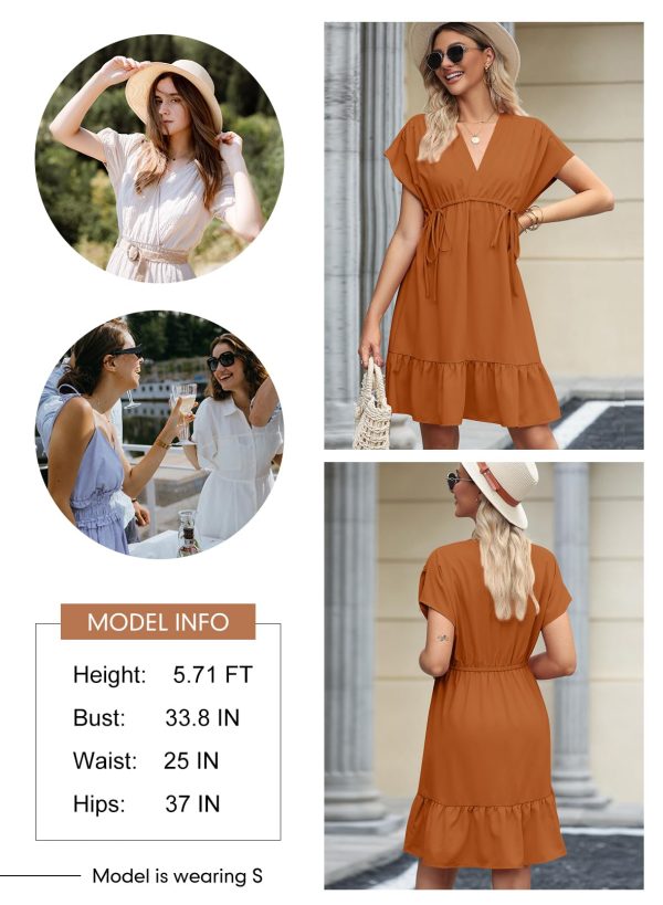 Womens Summer Dresses 2025 Short Sleeve V Neck Empire Waist Drawstring Casual Ruffle A-Line Swing Mini Babydoll Dress
