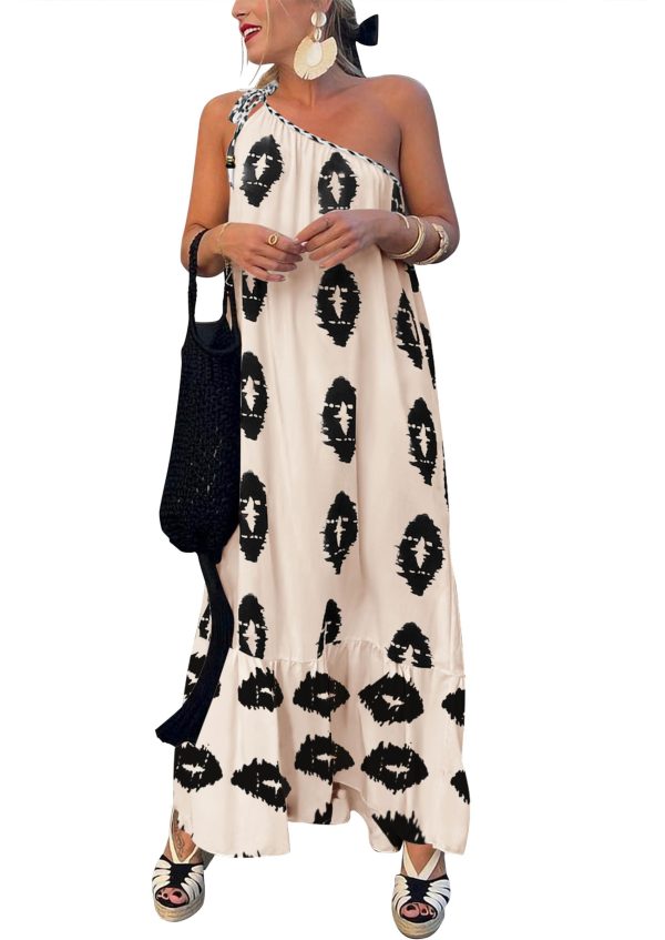 Women's Summer One Shoulder Maxi Dresses Printed Flowy Boho Beach Vacation Long Sundress