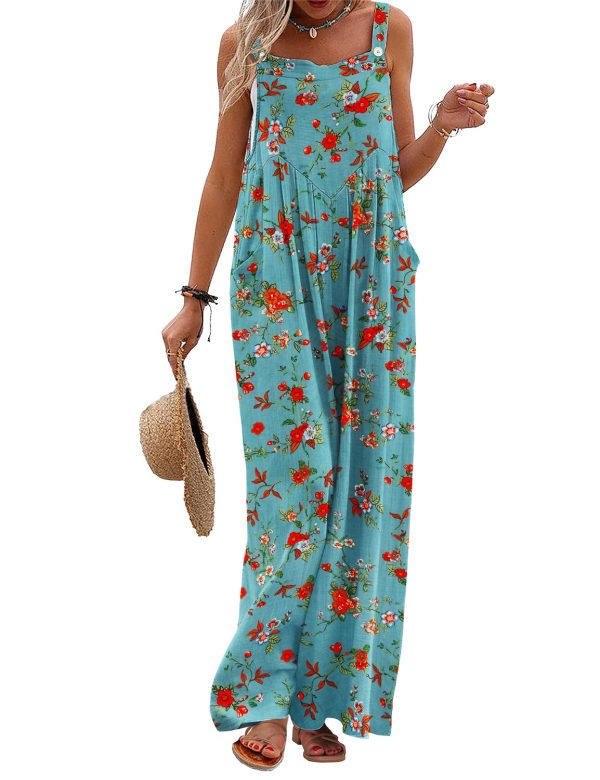 Women's Summer Casual Overalls Loose Wide Leg Jumpsuits Boho Floral Printed Baggy Rompers with Pockets PZH