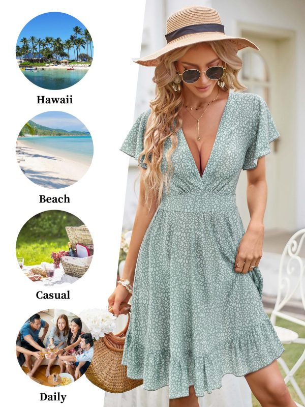 Womens Summer Dresses 2025 Floral Cap Sleeve Wrap V Neck Ruffle A-Line Sun Dress