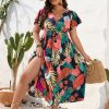Women's Plus Size Boho Floral V Neck Short Sleeve A Line Long Dress