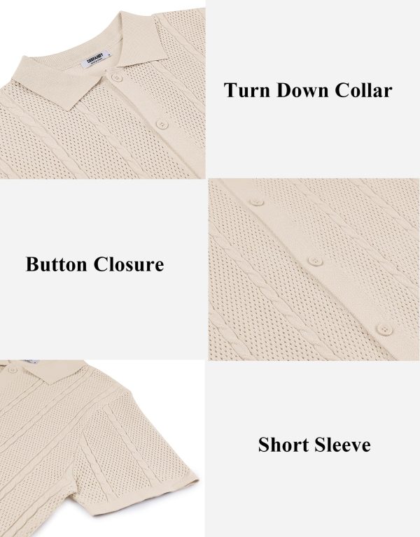 Mens Knit Button Down Shirts Casual Textured Polo Shirt Short Sleeve Vintage Summer Beach Tops