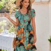 Womens Summer Dress Mini Petal Short Sleeve Dresses Pleated Button Down V Neck Floral Beach Swing Vacation Dress 2025