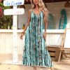 Womens Summer Maxi Dress Spaghetti Strap Casual Printed Dress Boho Floral Beach Sundress,